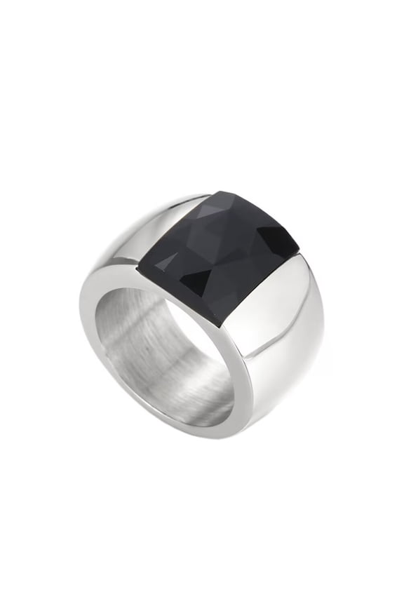 Women's Stainless Steel Square Gemstone Wide Surface Classic Simple Wedding Engagement Statement Ring Silver Black Size 7
