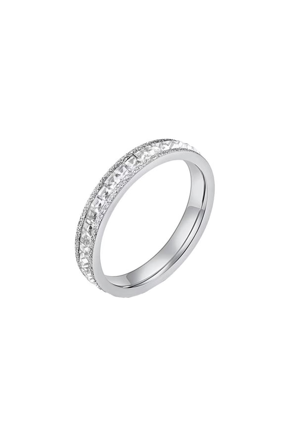 Women's Stainless Steel Square Zirconia Eternity Ring Tiny Frosting 4MM Stackable Wedding Band Silver Size 8