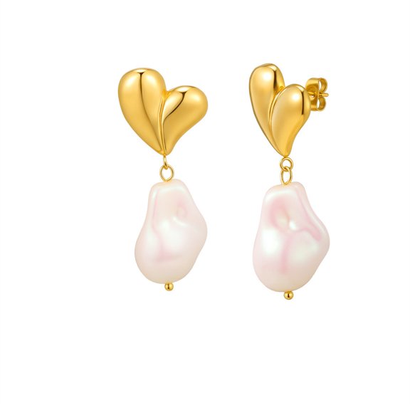 HIJONES Women's Stainless Steel Teardrop Pearl Charm Dangle Earring Gold Plated Heart Stud Earrings