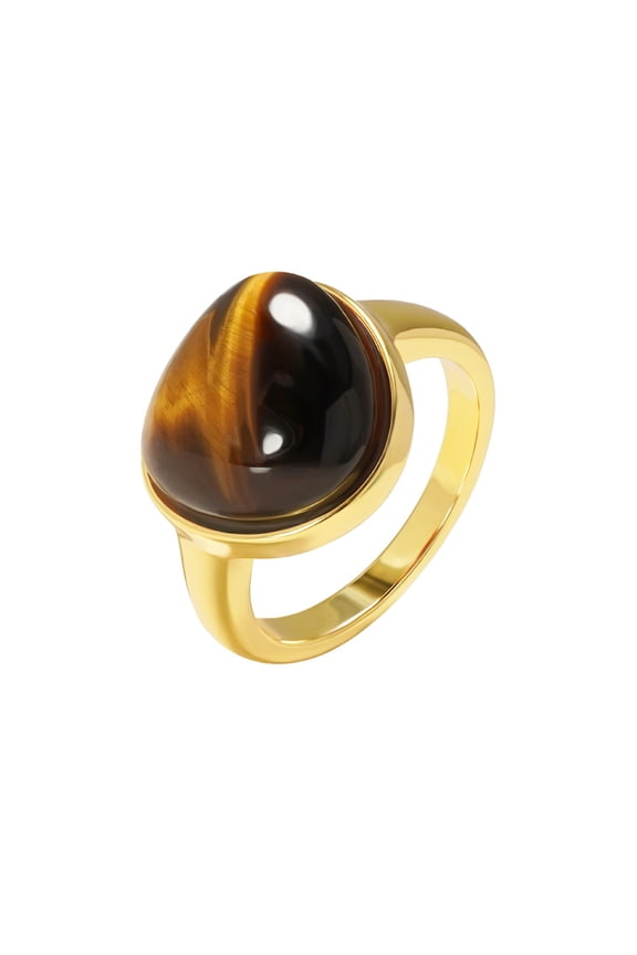 Women's Stainless Steel Treardrop Gemstone Statement Ring Tiger Eye Agate Crystal Knuckle Band Jewelry for Party Gold Brown Stone Size 8