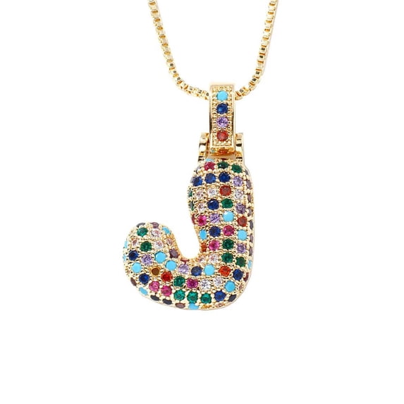 HIJONES Women's Stainless Steel Trendy Bubble Rainbow Letter Necklace Cubic Zirconia Alphabet Name Pendant Necklace Gold J