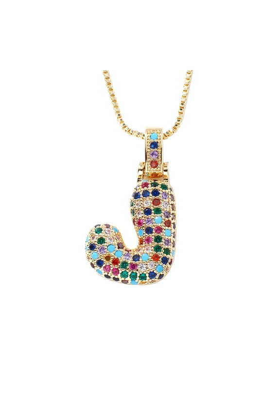 Women's Stainless Steel Trendy Bubble Rainbow Letter Necklace Cubic Zirconia Alphabet Name Pendant Necklace Gold J