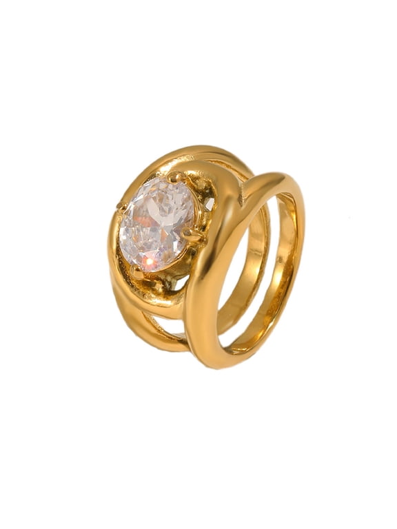 Women's Stainless Steel Trendy Round Cubic Ziron Signet Ring Double Layer Rope Party Ring Gold Size 6