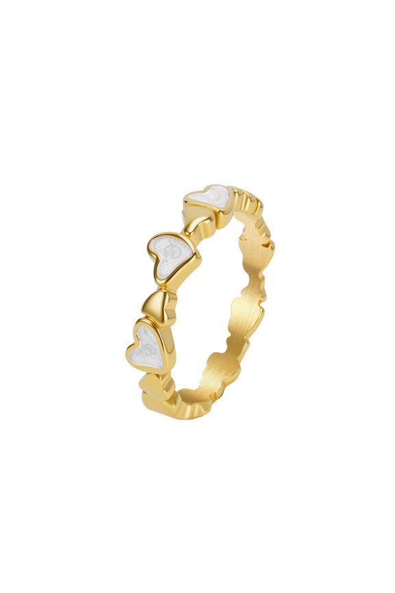 Women's Stainless Steel Unique Heart Signet Band Enamel Gold Plated Wedding Ring White Size 10