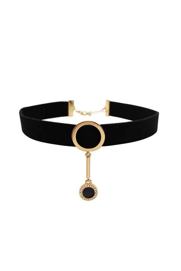 Women's Stainless Steel Vintage Black Velvet Choker Necklace with Gold Plated O-Ring CZ Inlay Charm Neckband Jewelry