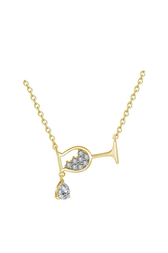 Women's Wine Glass Pendant Necklace Cubic Zirconia Water Drop Cup Cocktail Party Bar Necklace Gold White