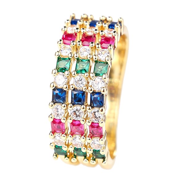 HIJONES Womens Vintage Square Cut Colorful Gemstone Ring Wide Band Stackable Statement Pave Jewelry Everyday Wear for Mom and Sister Anniversary Birthday Gift Gold Plated Size 8