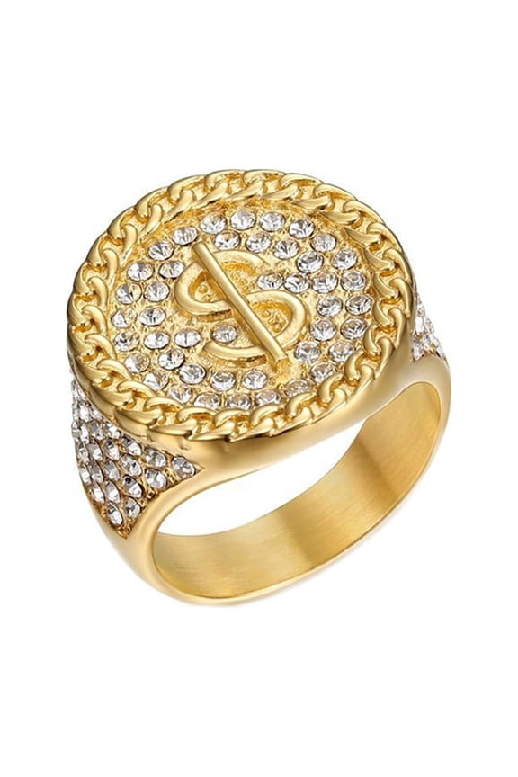 Men's Stainless Steel Gold Plated Rhinestone US Dollar Money Symbol Rich Millionaire Lucky Ring Gold Size 13