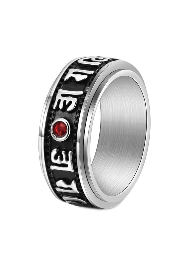 Men's Stainless Steel Red Zircon 6 Six True Syllable Words Mantra Rings Om Mani Padme Hum Rotatable Band Silver Size 11