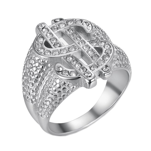 HIJONES Men's Stainless Steel White Zirconia Inlaid Dollar Sign Rich Ring Lucky Wedding Couple Band Silver Size 10