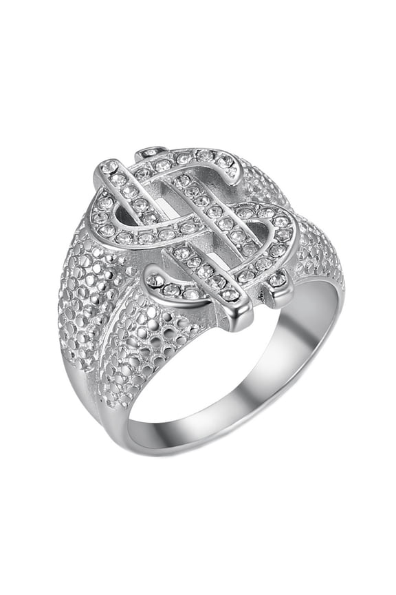 Men's Stainless Steel White Zirconia Inlaid Dollar Sign Rich Ring Lucky Wedding Couple Band Silver Size 13