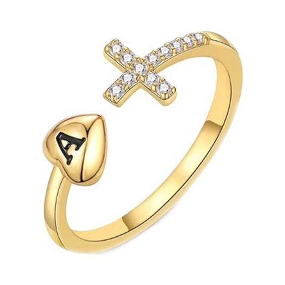 HIJONESWomen's Stainless Steel 26 Initial Love Heart Cross Zirconia Open Adjustable Eternity Ring A