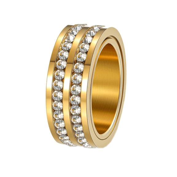 HIJONESWomen's Stainless Steel Double Row Zircon Rotatable Ring 8MM Pave CZ Chunky Wedding Finger Band Gold Size 7