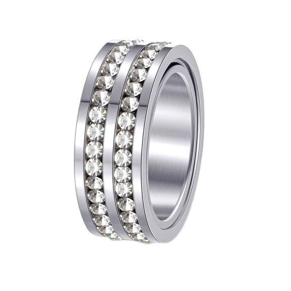 HIJONESWomen's Stainless Steel Double Row Zircon Rotatable Ring 8MM Pave CZ Chunky Wedding Finger Band Silver Size 10