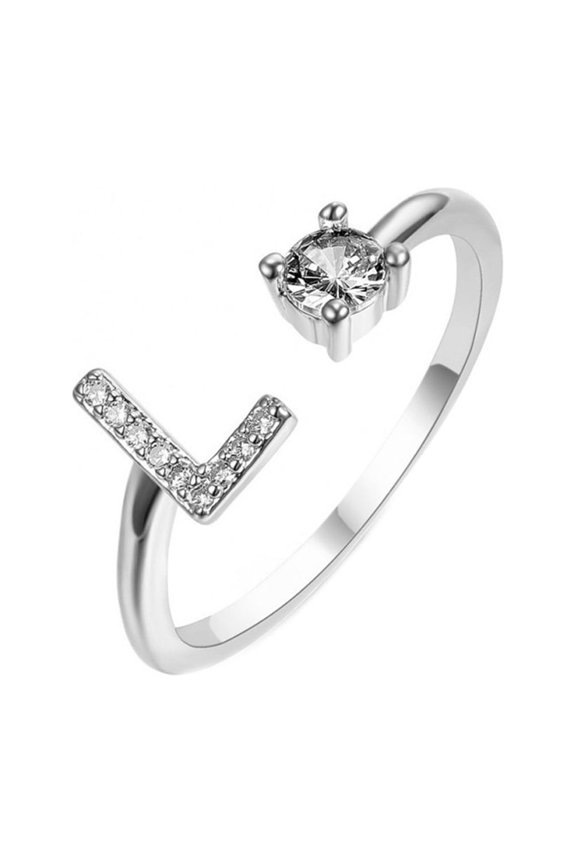 Women's Stainless Steel Round Zircon Capital Letter Stackable Ring Adjustable Alphabet Letter Pinky Ring Jewelry Gifts Silver L