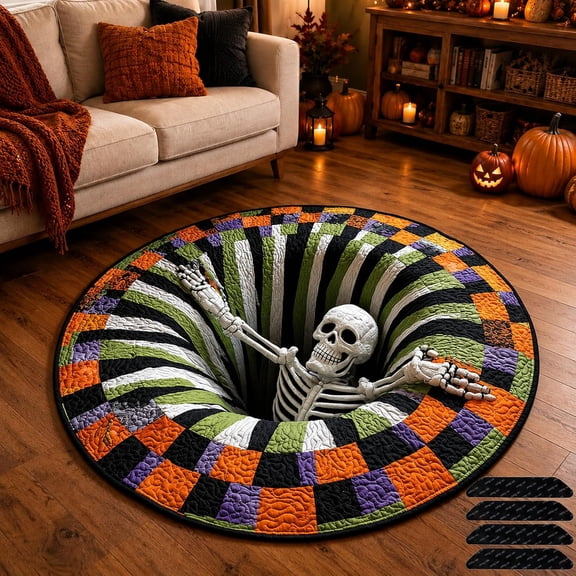 HIJUNE 3D Halloween Rug, Skeleton Vortex Quilted Round Halloween Rug, Spooky Optical Illusion Floor Mat, Soft Non-Slip Round Area Rug for Halloween Home Decor