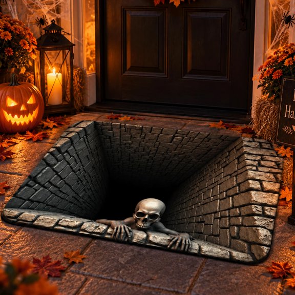 HIJUNE 3D Halloween Rugs, Skeleton Optical Illusion Floor Mat with Realistic Deep Pit Hole Effect