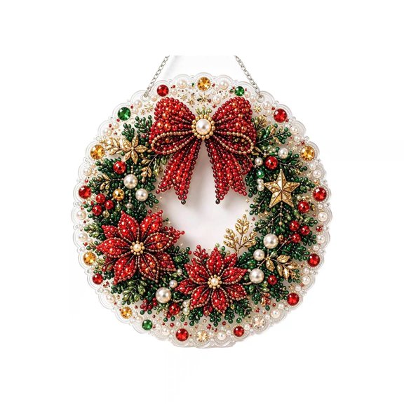 HIJUNE Christmas Pearl Diamond Art Painting Suncatch Kit, DIY Craft, Pre-Assembled Metal Chain, Acrylic Round Board, 3D Mixed-Sized Pearl Beads Craft, Festive Window Wall Decor