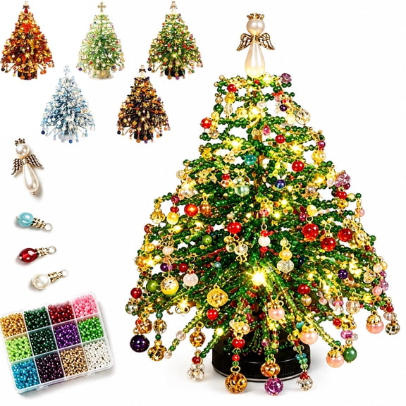 HIJUNE DIY Beaded Christmas Tree Kit, 3D Crystal Bead Holiday Craft Set, Colorful beads and wire, 3D tabletop tree design, compact holiday decor, creative Christmas project for adults