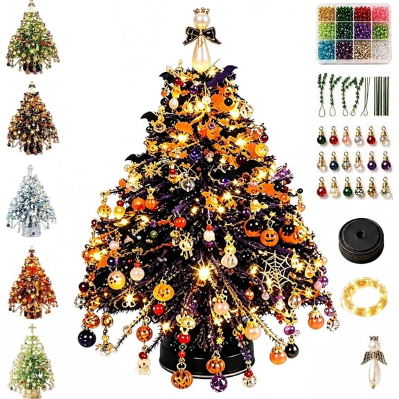 HIJUNE DIY Beaded Christmas Tree Kit, 3D Crystal Bead Pearl Christmas Tree Making Kit, Colorful Beads, Metal Frame, Angel Topper, Warm Glow Display, Holiday Tabletop Tree Decoration
