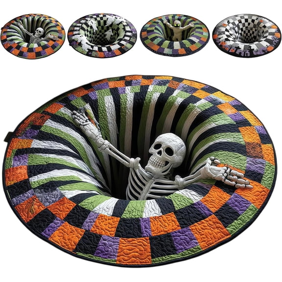 HIJUNE New 3D Halloween Rugs, 3D Rugs Optical Illusion Halloween, Halloween Rugs Indoor, 3D Skeleton Vortex Quilted Round Halloween Rug, Soft & Durable Fabric Non-Slip Modern Home Décor