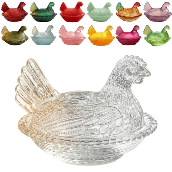 HIJUNE Vintage hen on nest Decor, glass hen on nest, candy dish with lid Clear Glass Storage Container for Kitchen Tabletop Decor, Easter & Housewarming Gift