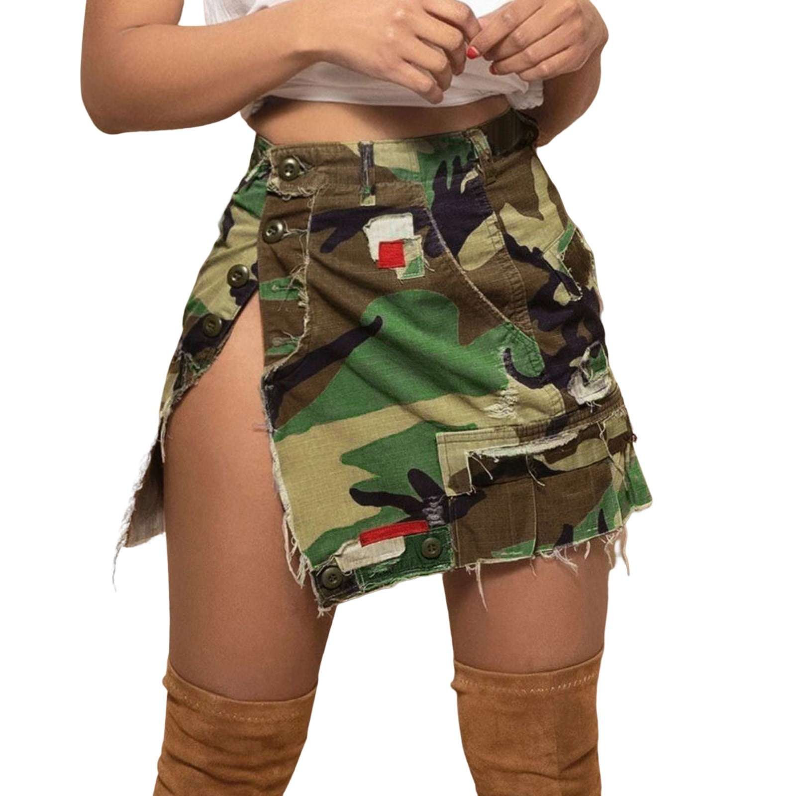 HIK2RMB Long Skirt Skirt Steak Plus Size Skirts Skater Skirt Leather Mini Skirt Women Camo Cargo Skirt Sexy High Split Button Ripped Hem Camouflage