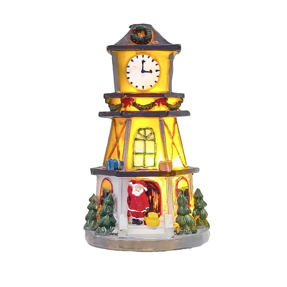HIKVEX Christmas Village Decorative Lighted Clock Tower Ornament with Led Lights for Festive Desktop and Seasonal Decor