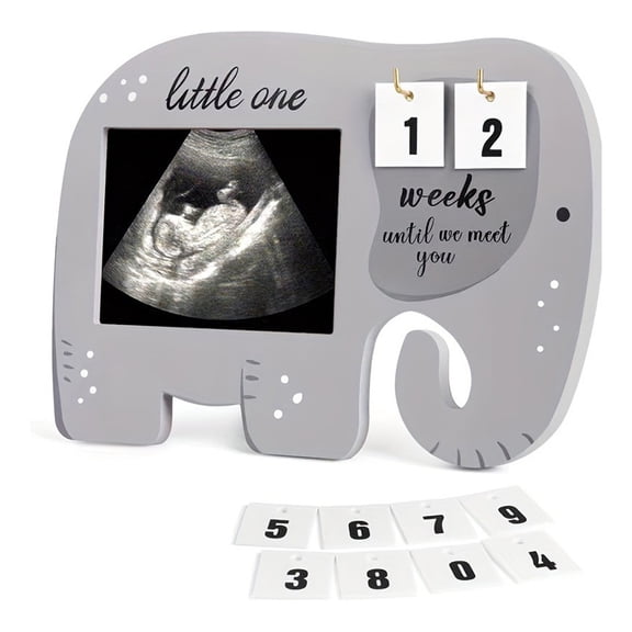 HIKVEX Ultrasound Sonogram Picture Frame with Elephant Design and Baby Growth Tracking Cards Wooden Frame for Table or Wall Display