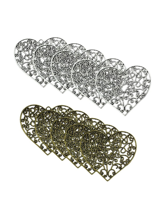 10 pieces Fashion Jewelry Making Charms Large Size Hollow Filigree Heart Charm Beads Wholesale Supplies Pendant Craft Alloys Necklace Bulk Decoration Supply Findings, Bronze & Silver