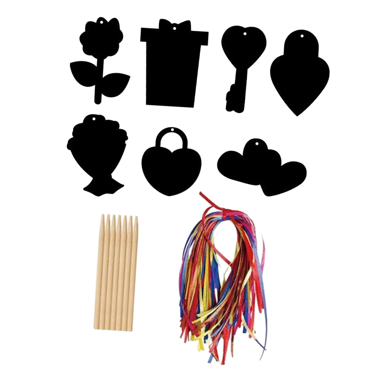 HILABEE 14 Pieces Valentines Day Scratch Paper with Wooden Sticks and Ribbons Rainbow Crafts for Kids Children Class Exchange for Invitations
