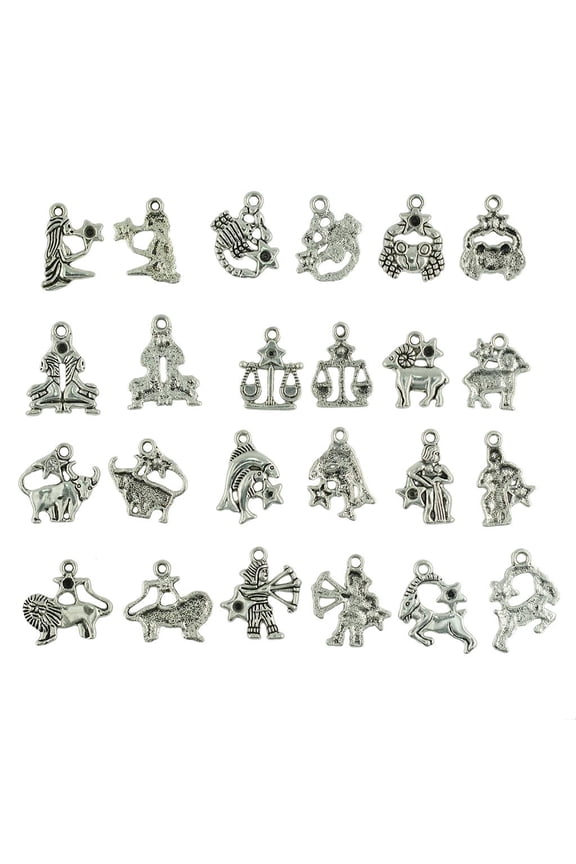 24 Pcs Tibetan Silver Zodiac Sign Charms Smooth Horoscope Charms Pendants DIY for Necklace Bracelet Jewelry Making And Crafting
