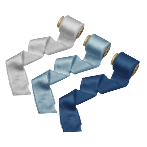 HILABEE 3 Pieces Silk Satin Ribbon Christmas Ribbon Christmas Windows Gift Wrapping Wedding Invitations Home Decor Frayed Edge Ribbon blue