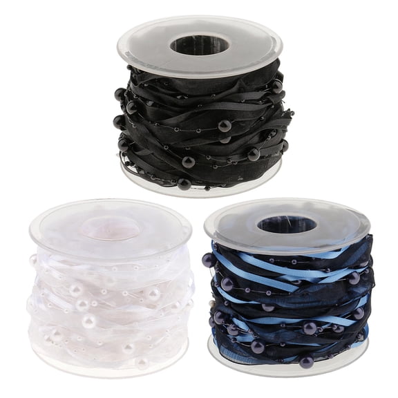 HILABEE 3pcs 10m Strings Beaded Ribbon,Pearl String,Satin Ribbon And Ribbon for Decor