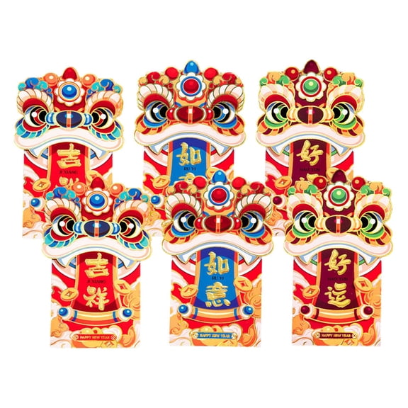 HILABEE 6Pcs 2024 Chinese New Year Red Envelopes Red Pockets Delicate Cartoon Lion Pattern Hong Bao Lucky Money Envelopes for Holiday C