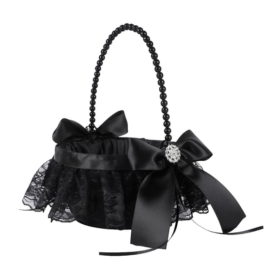 HILABEE Wedding Basket Elegant Flower Girl Basket Ceremony Bowknot Lace Romantic Storage Basket Container Beads Suitable for Gift Giving Home Decoration Party Black
