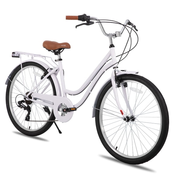 HILAND 26 inch Beach Cruiser Bike for Men and Women, 7 Speed Step-Through Frame Adult Bicycle with Rear Rack, Retrospec Bike Commuter City Bicycle