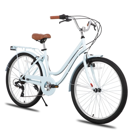 HILAND 26 inch Beach Cruiser Bike for Men and Women, 7 Speed Step-Through Frame Adult Bicycle with Rear Rack, Retrospec Bike Commuter City Bicycle