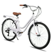 HILAND 26 inch Beach Cruiser Bike for Men and Women, 7 Speed Step-Through Frame Adult Bicycle with Rear Rack, Retrospec Bike Commuter City Bicycle