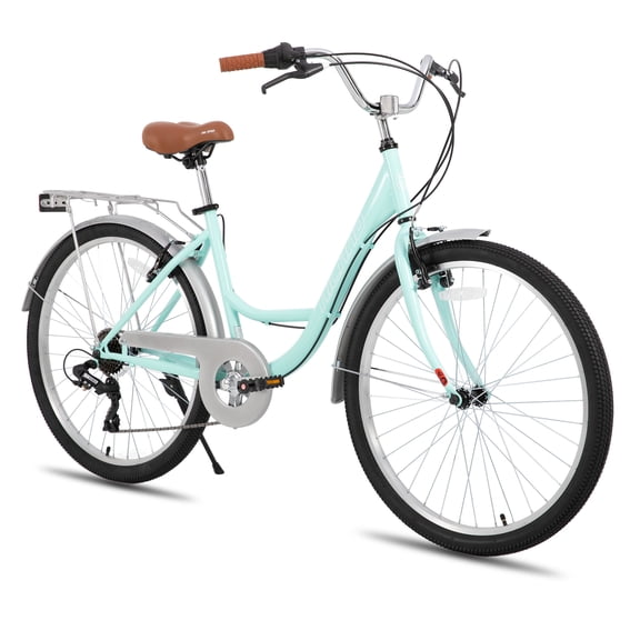 HILAND 26 inch Complete Beach Cruiser Bike for Adults, 7 Speed Step-Through Frame Womens Bicycle with Rear Rack, Retrospec Bike Commuter City Bicycle for Men