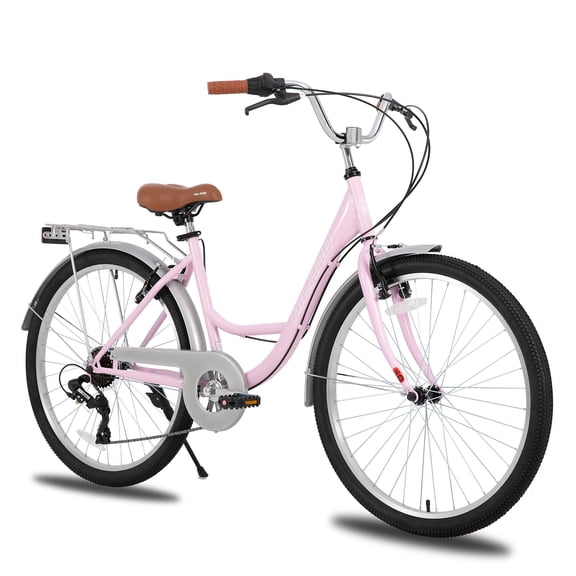 HILAND 26 inch Complete Beach Cruiser Bike for Adults, 7 Speed Step-Through Frame Womens Bicycle with Rear Rack, Retrospec Bike Commuter City Bicycle for Men