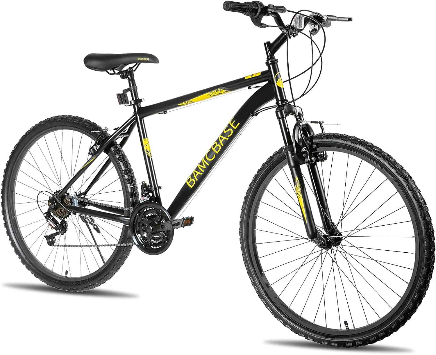 HILAND BAMCBASE Mens and Womens 26 Inch Mountain Bike with 21 Speed Twist Shifter, High-Carbon Steel Hardtail Trail Bicycle for Adult with Thickened Suspension Fork, Black MTB