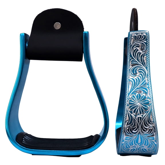 HILASON 3" Neck Western Aluminium Horse Stirrups Floral Engraved Turquoise