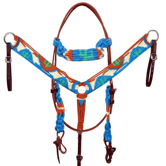 HILASON Western Wool Hand Tooled Breast Collar Headstall Set Turquoise & white