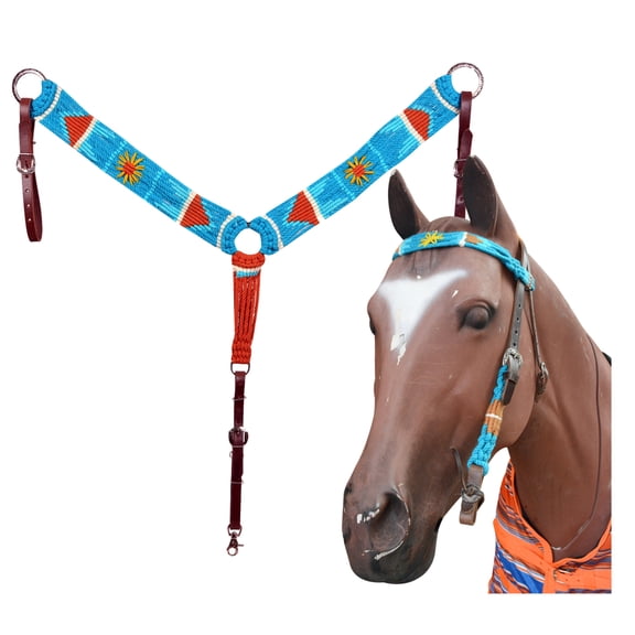 HILASON Sun Western Wool Hand Tooled Breast Collar Headstall Set Turquoise & Brown