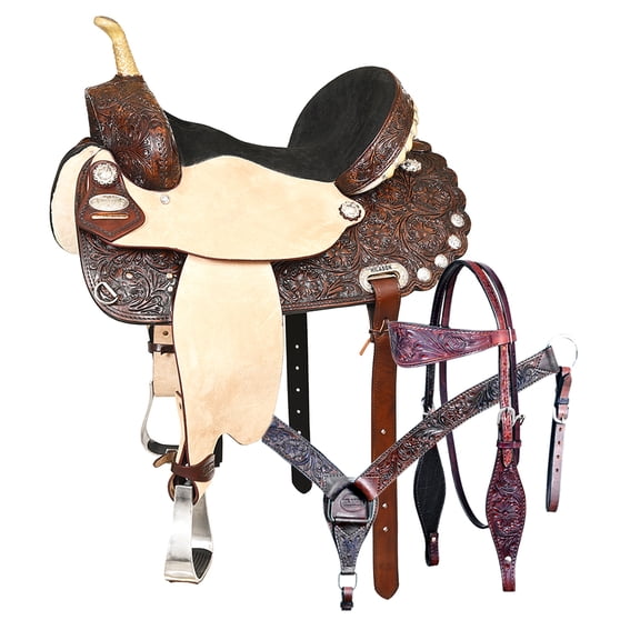 HILASON Western Genuine Leather Horse Saddle With Headstall & Breast Collar Tack Set 15 In