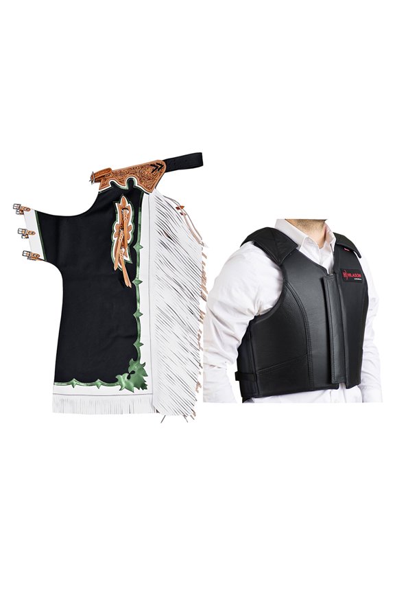Western Horse Bull Riding Safety Leather Protective Vest & Rodeo Chaps Combo