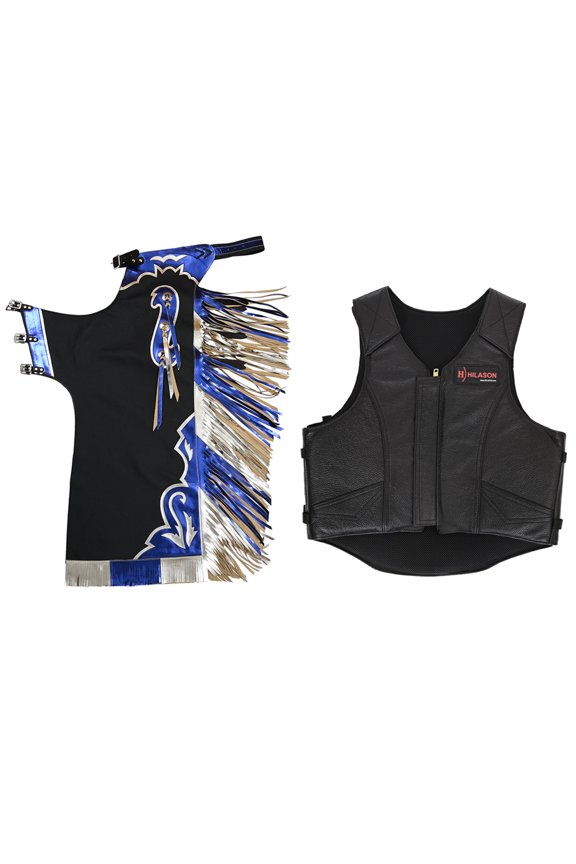 Western Horse Bull Riding Safety Leather Protective Vest & Rodeo Chaps Combo