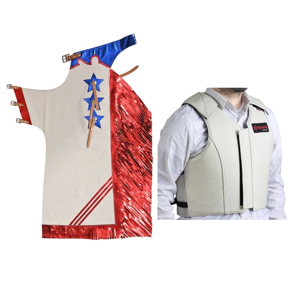 HILASON Western Horse Bull Riding Safety Leather Protective Vest & Rodeo Chaps Combo