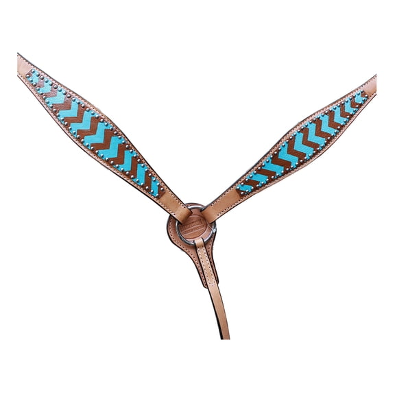 HILASON Western Horse Genuine Leather Breast Collar Set Turquoise & Brown Zigzag